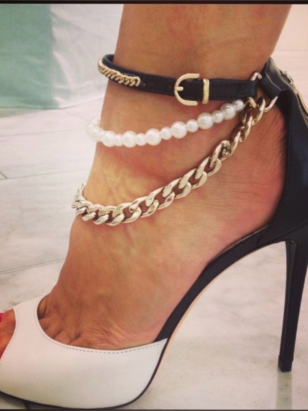 Women's Two-Tone Pearl & Chain Ankle-Strap Heels - White/Black